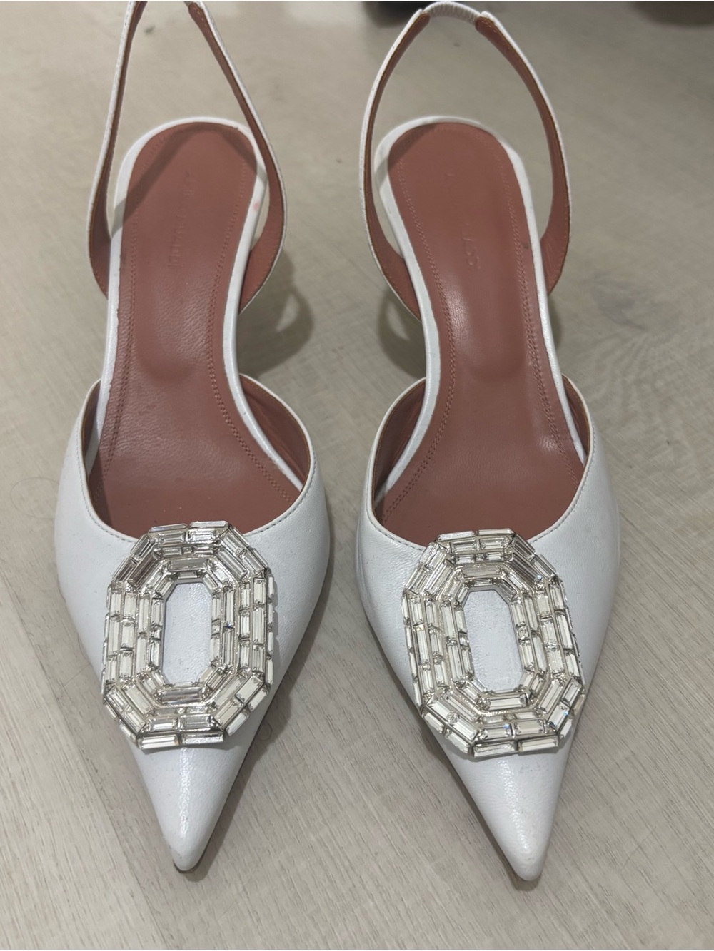 Amina Muaddi White Pointed Slingback Flats with Crystal Buckle